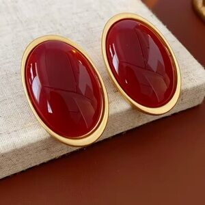 Vintage Oversized Red Brass Oval Statement Earrings
